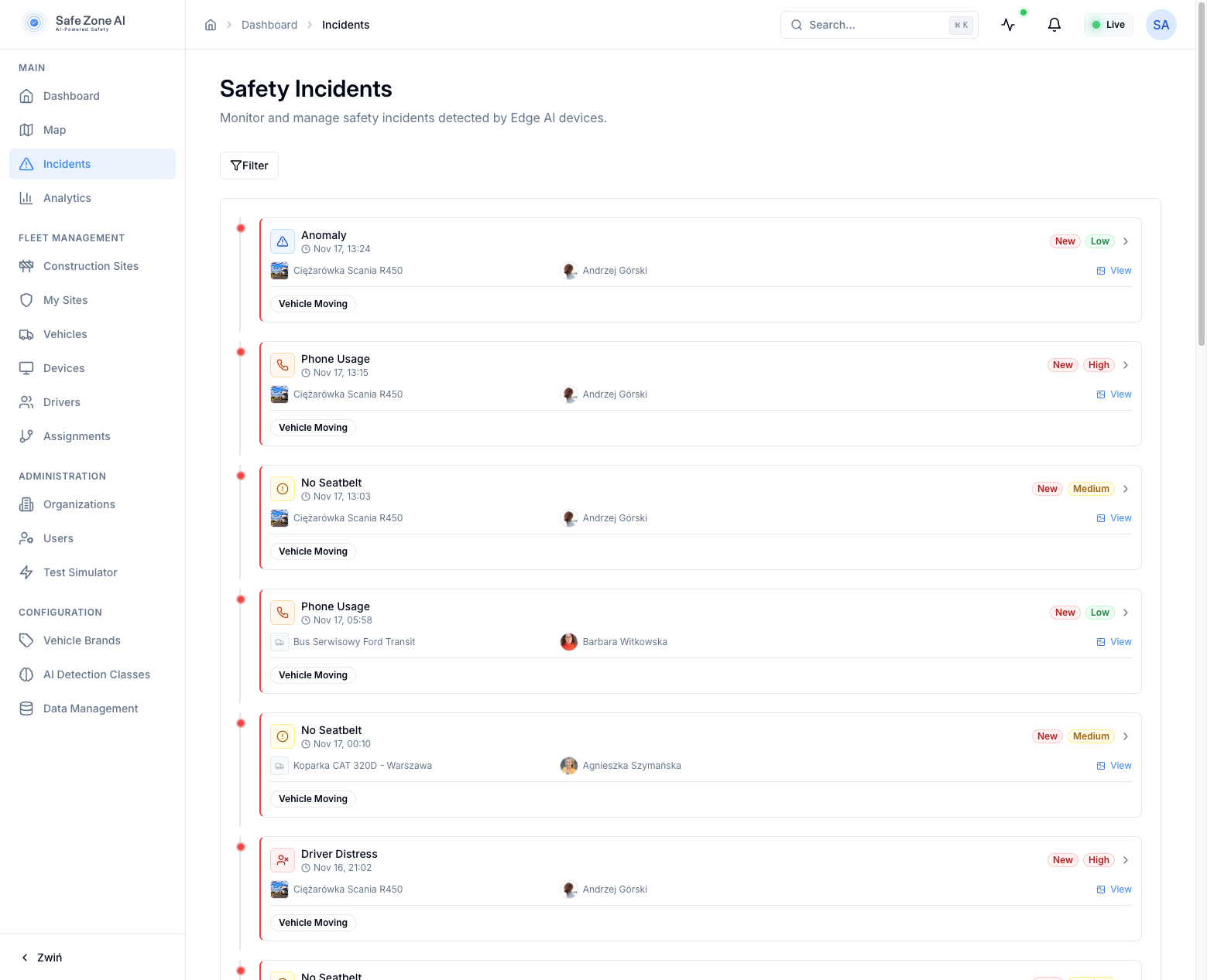 Safe Zone AI Dashboard